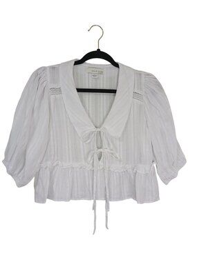 Band Of The Free White Cotton Tie-Front Blouse Puff Sleeves Lace Details Size M
